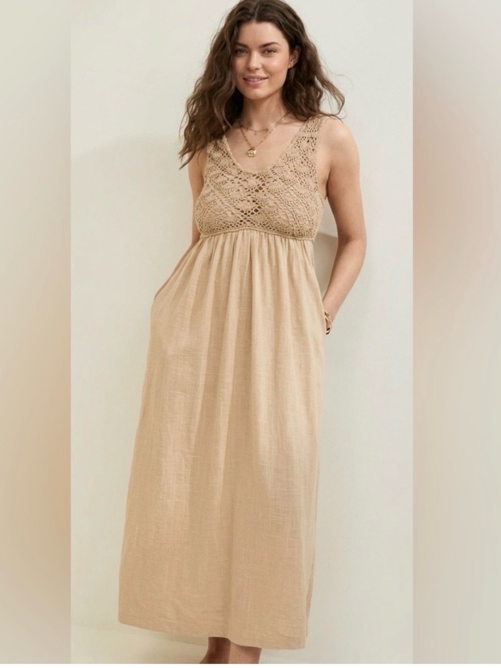 Aerie Koko womans tan boho Crochet Bodice Maxi Dress size S